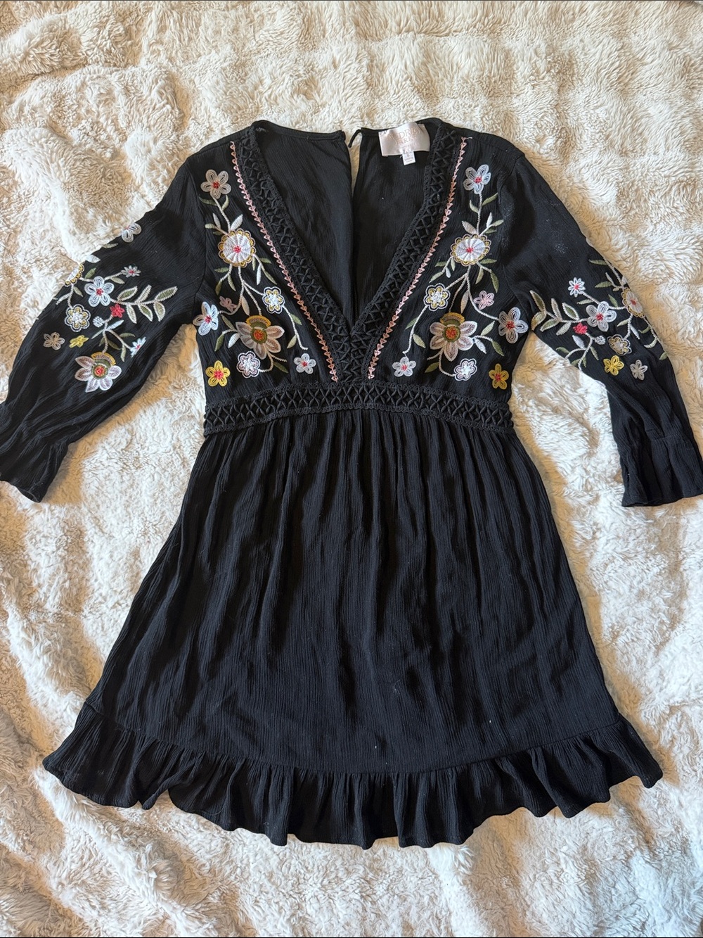 Black Floral Embroidered V-Neck Mini Dress